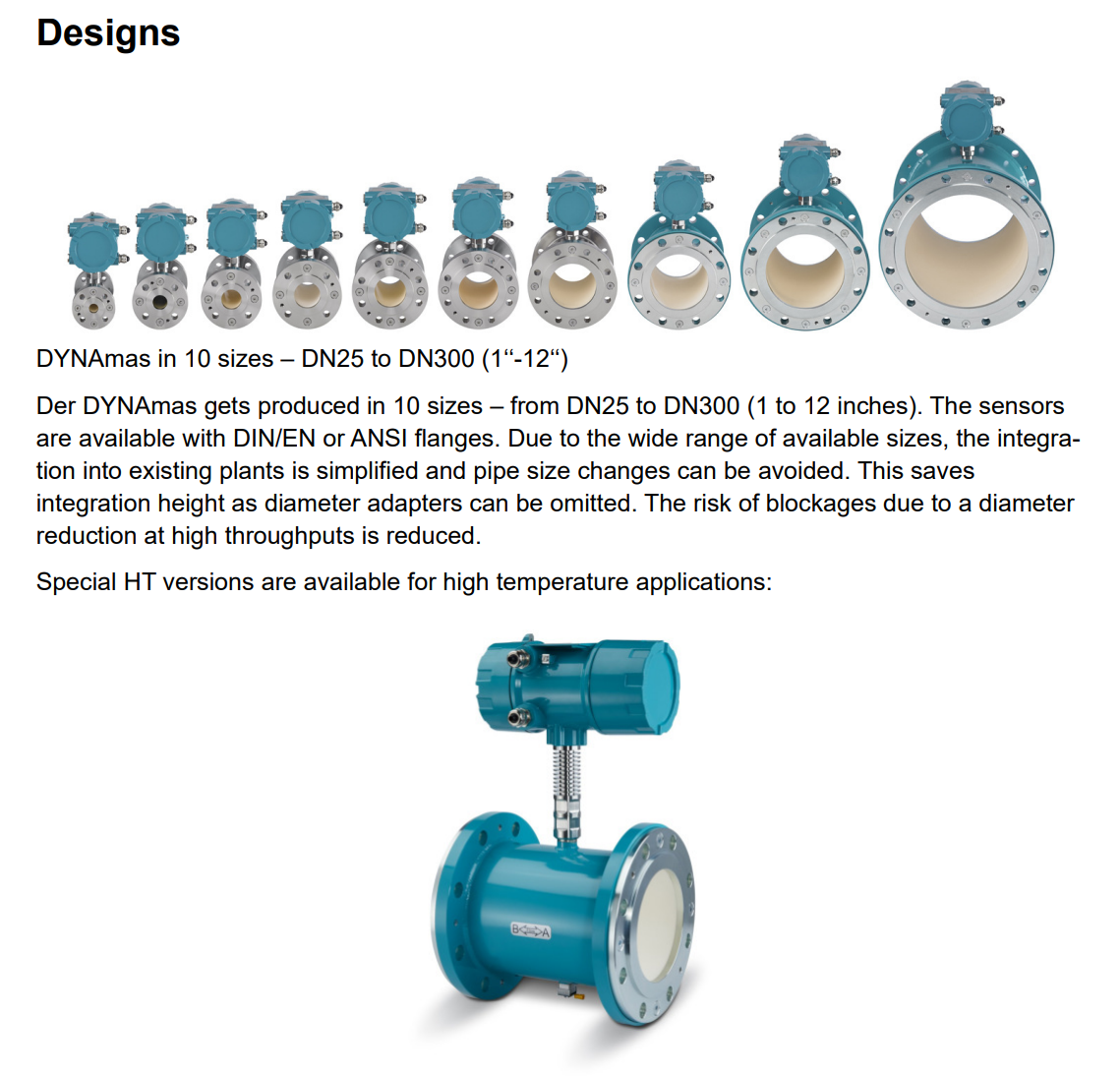 DYNAmas DN25–DN300 tasarım ve boyut seçenekleri