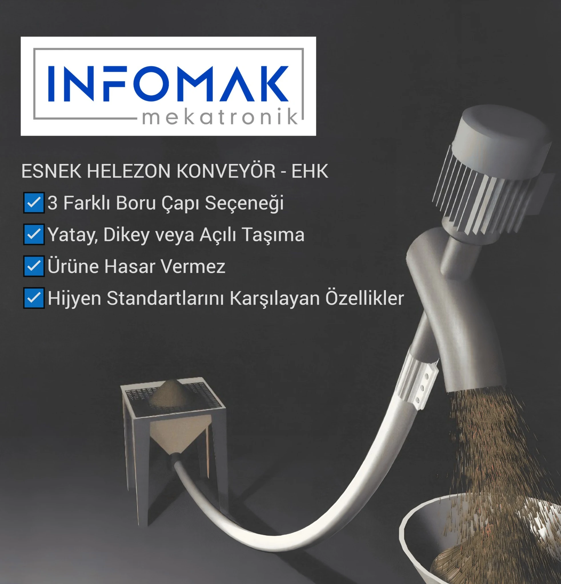 Infomak EHK tanıtım görseli: besleme haznesi, esnek taşıma borusu ve çıkış ucundaki tahrik grubu