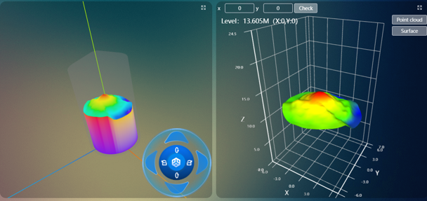3D yüzey haritası ve silo içi görselleştirme örneği. Ekrandaki değerler örnektir.